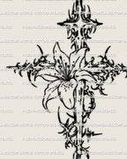 Neotribal sigil cross tattoo design with floral lily detail, bold blackwork outlines and abstract cyber influence, digital cross tattoo stencil