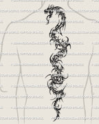 Neotribal snake spine tattoo shown on men’s back placement with a strong back-center serpent layout and digital stencil structure