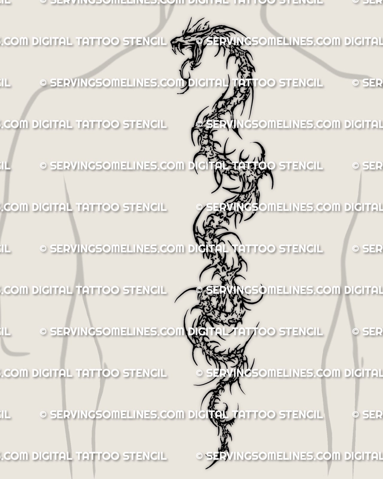 Neotribal snake spine tattoo shown on men’s back placement with a strong back-center serpent layout and digital stencil structure