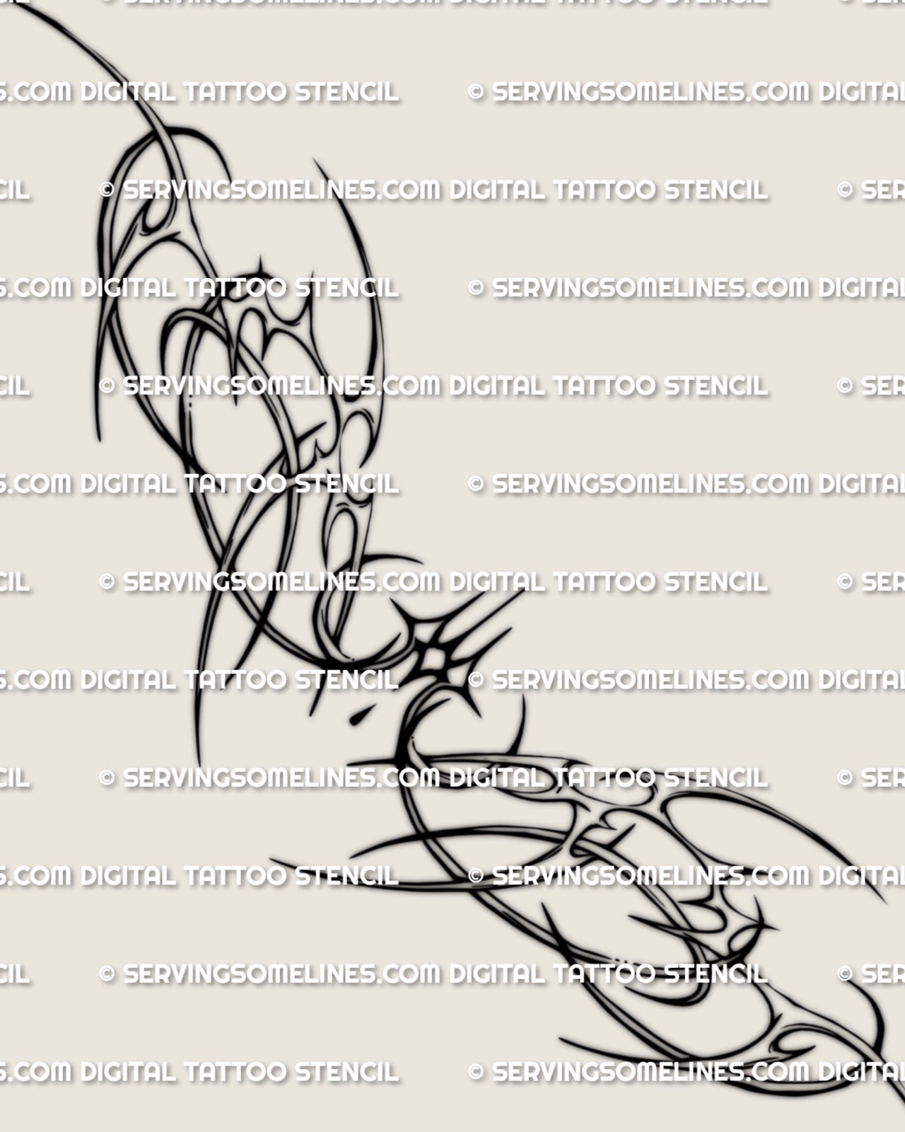 Neotribal sparkle lower back tattoo stencil design shown as a full layout with mirrored curves and three central sparkles.