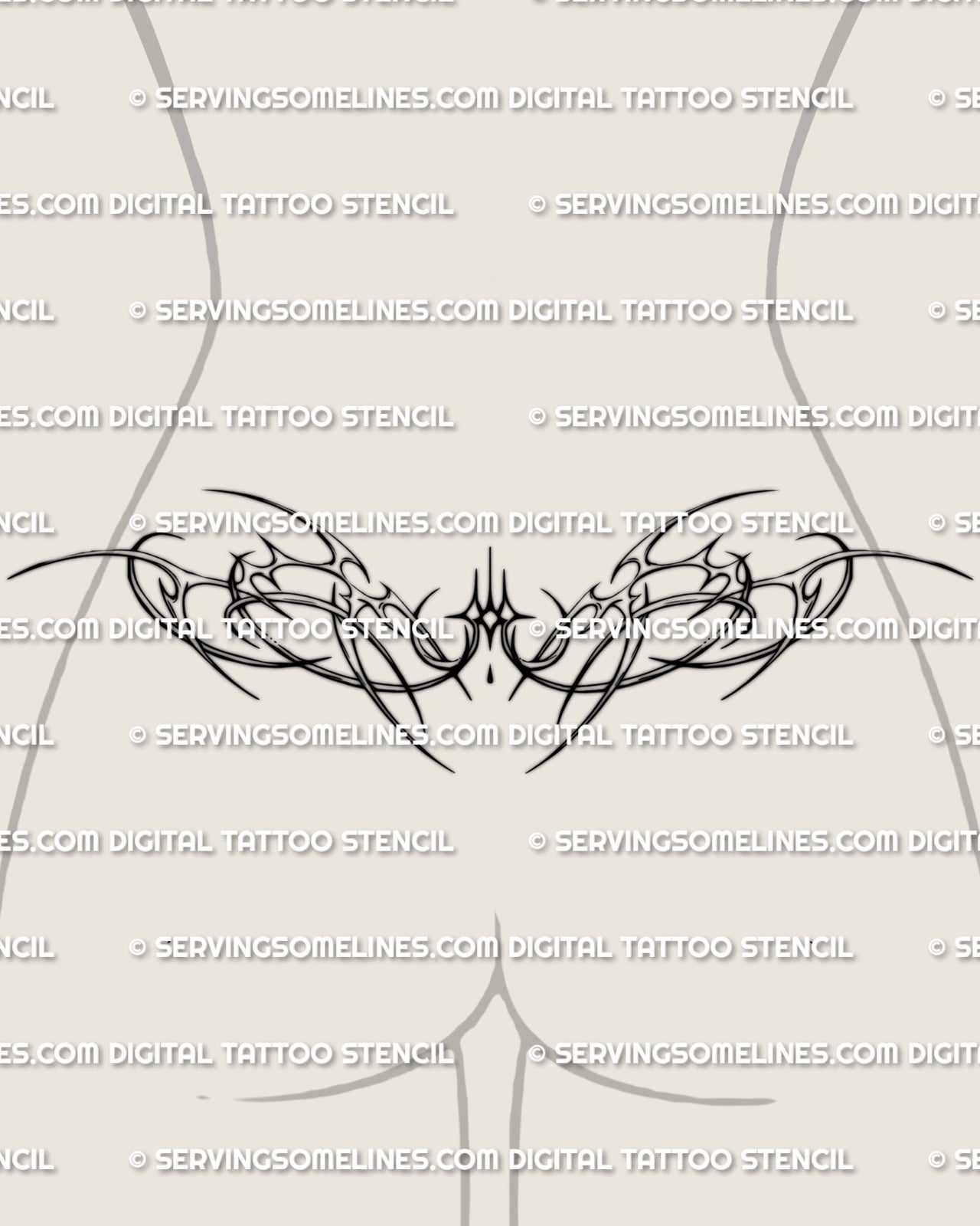 Neotribal sparkle lower back tattoo stencil shown on women's lower back placement example with three soft sparkles.
