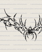 Close up of neotribal spider lower back tattoo stencil with sharp tribal curves and spider detail