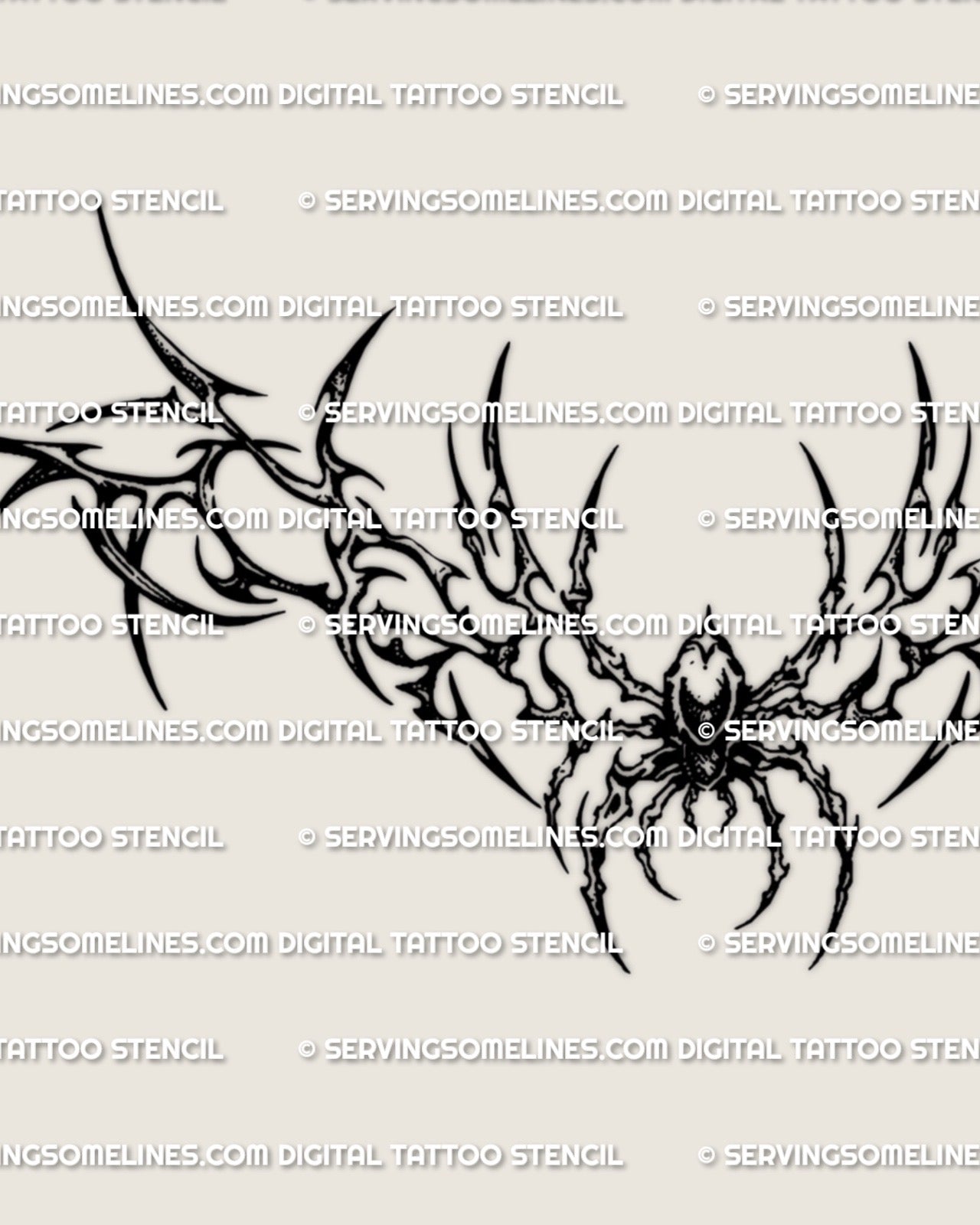 Close up of neotribal spider lower back tattoo stencil with sharp tribal curves and spider detail