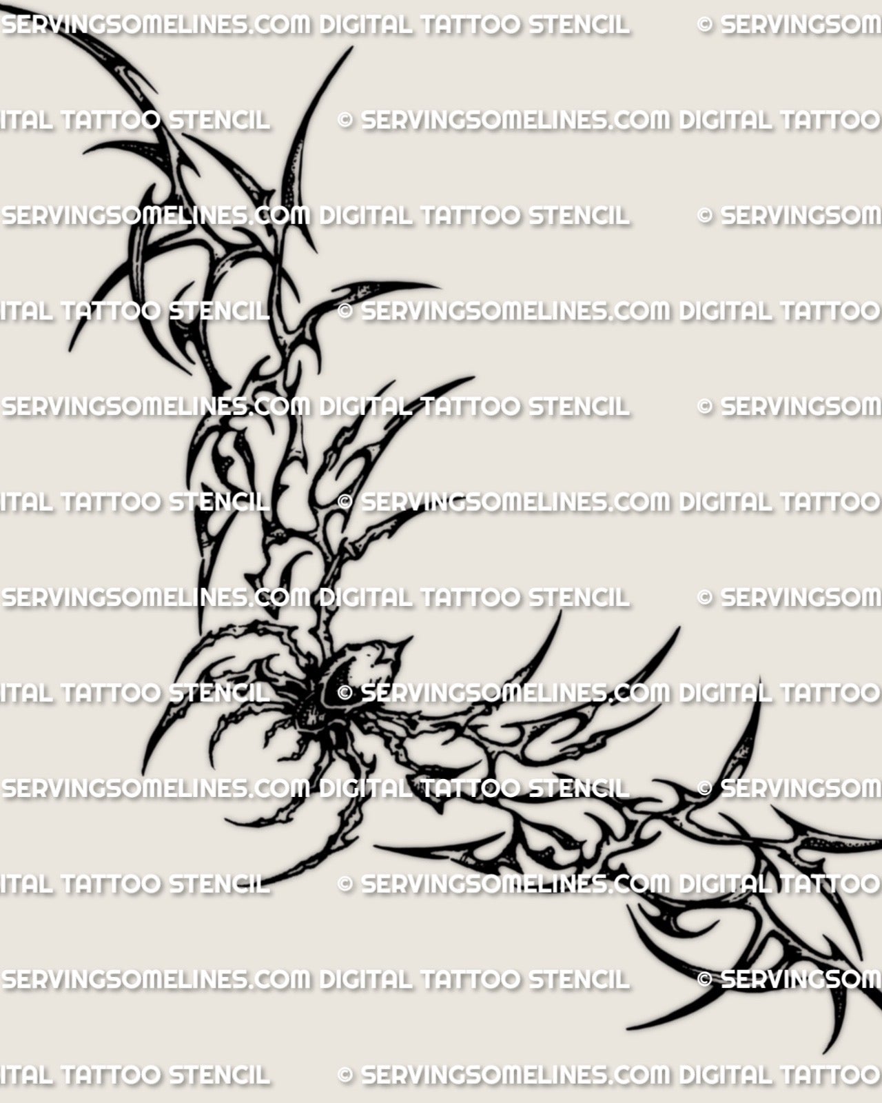 Neotribal spider lower back tattoo stencil design with pointed tribal linework and centered spider silhouette