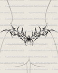 Neotribal spider lower back tattoo stencil shown on female lower back placement with wide tramp stamp fit