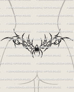 Neotribal spider lower back tattoo stencil shown on female lower back placement with wide tramp stamp fit
