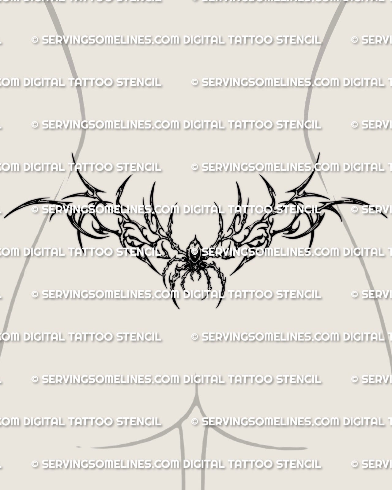 Neotribal spider lower back tattoo stencil shown on female lower back placement with wide tramp stamp fit
