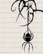 Close detail of neotribal spider tattoo showing black contrast, curved cutouts, and sharp leg structure