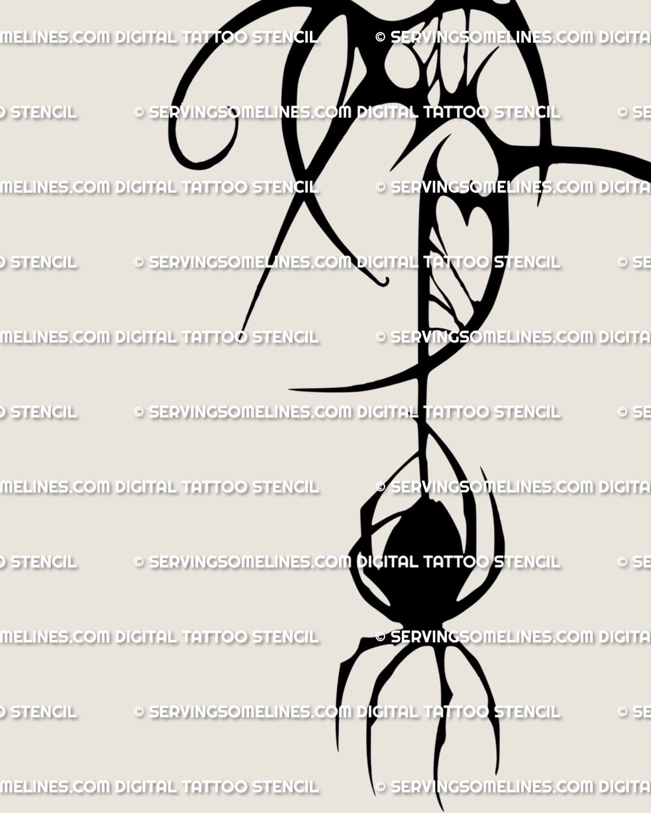 Close detail of neotribal spider tattoo showing black contrast, curved cutouts, and sharp leg structure
