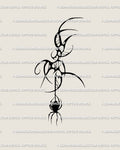 Neotribal spider tattoo stencil design with a dark spider silhouette, sharp black sections, and web-like ornamental structure
