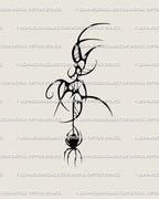 Neotribal spider tattoo stencil design with a dark spider silhouette, sharp black sections, and web-like ornamental structure