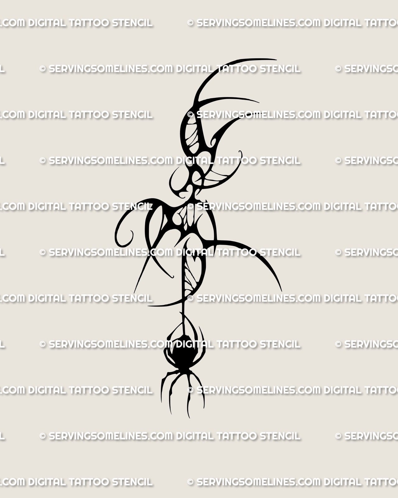 Neotribal spider tattoo stencil design with a dark spider silhouette, sharp black sections, and web-like ornamental structure