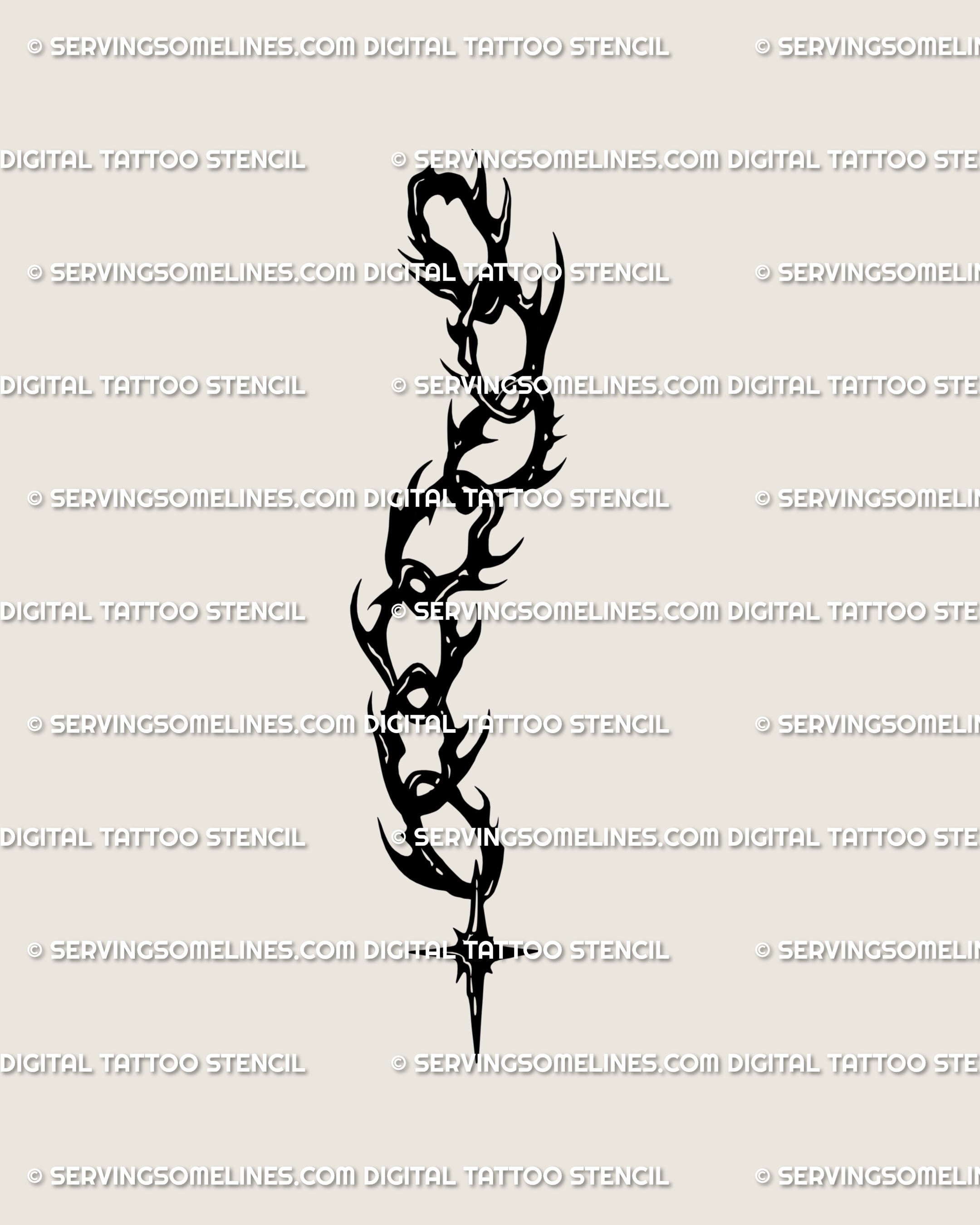 Original neotribal spine tattoo stencil artwork with gothic chain and occult star charm, hand-drawn blackwork design supplied as instant digital download.