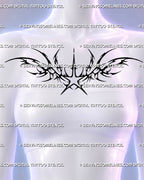 Neotribal star chest tattoo stencil shown across a woman's upper chest with the bold center star aligned over the sternum