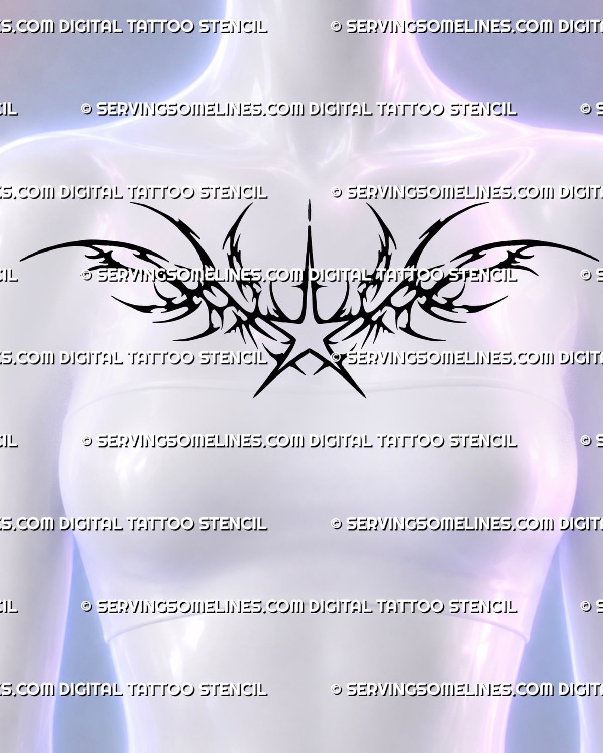 Neotribal star chest tattoo stencil shown across a woman's upper chest with the bold center star aligned over the sternum