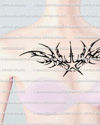 Neotribal star chest tattoo shown on women’s chest placement with a bold center star and heavy tribal framing