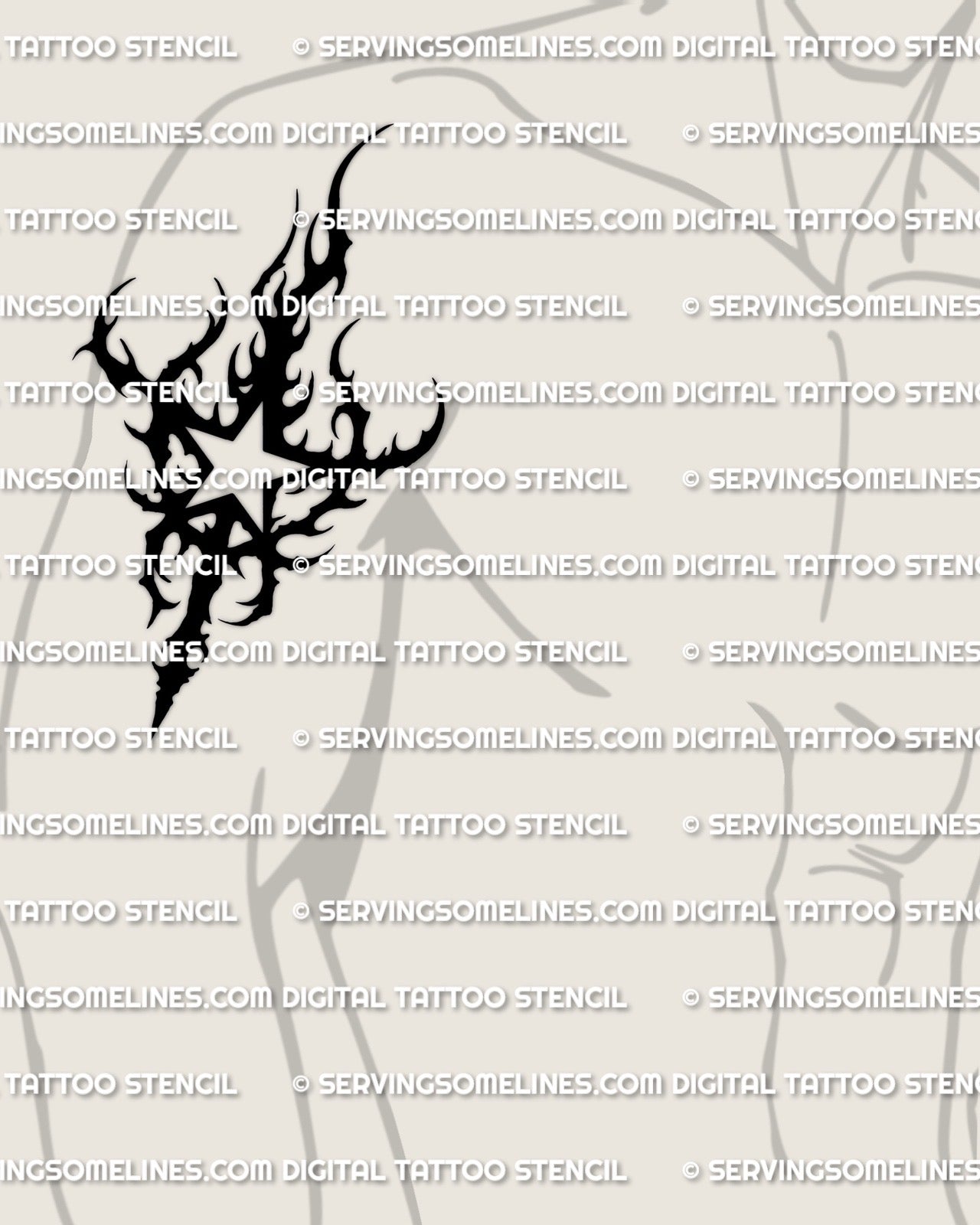 Neotribal star tattoo stencil displayed on biceps placement, high contrast black star cutout, tribal star tattoo preview
