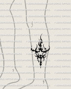 Neotribal star tattoo stencil shown on calf placement, bold black star cutout with flame-like hooks, neotribal tattoo stencil 