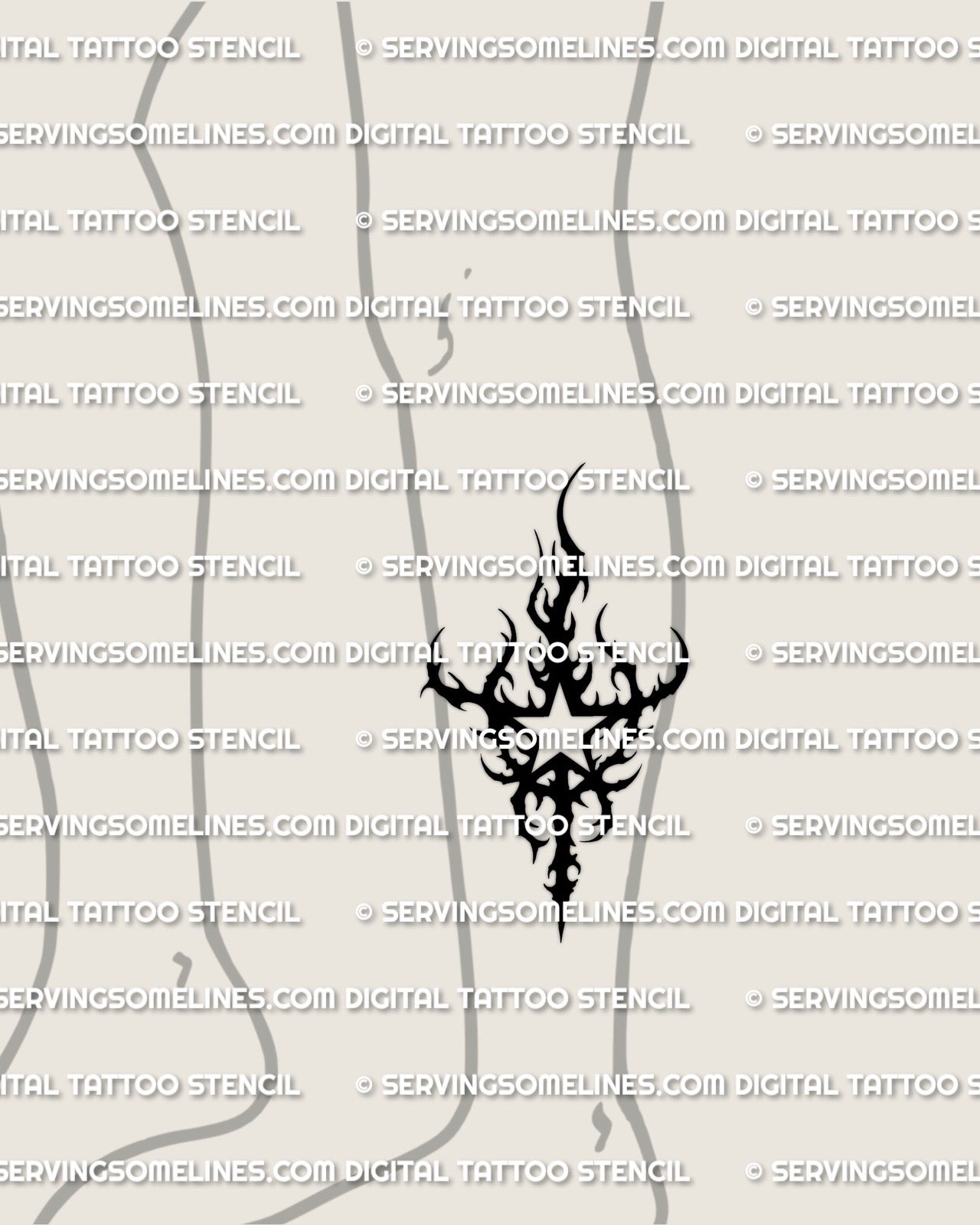 Neotribal star tattoo stencil shown on calf placement, bold black star cutout with flame-like hooks, neotribal tattoo stencil 