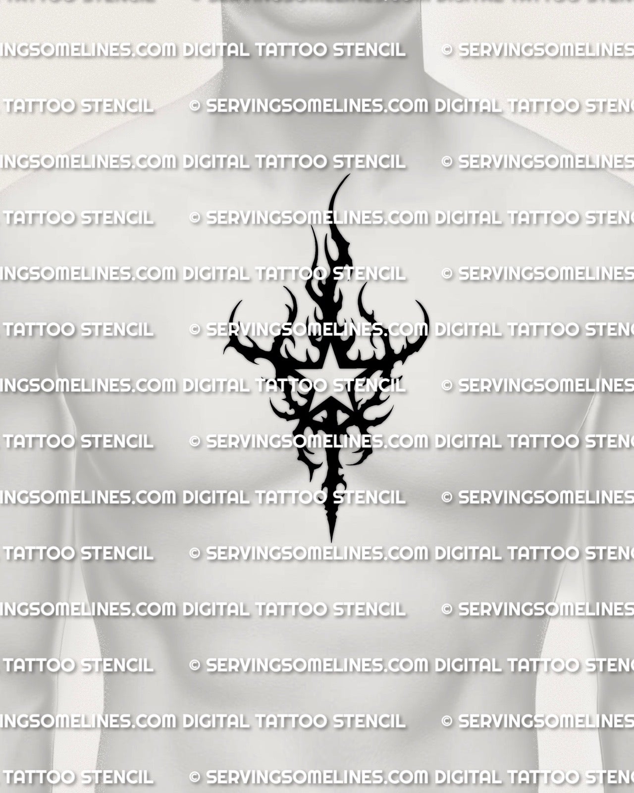 Neotribal star tattoo stencil shown on chest center placement, solid black star cutout emblem, star tattoo stencil for men