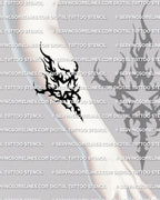 Neotribal star tattoo stencil shown on forearm placement, heavy black star cutout with hooked tips, star tattoo stencil preview 