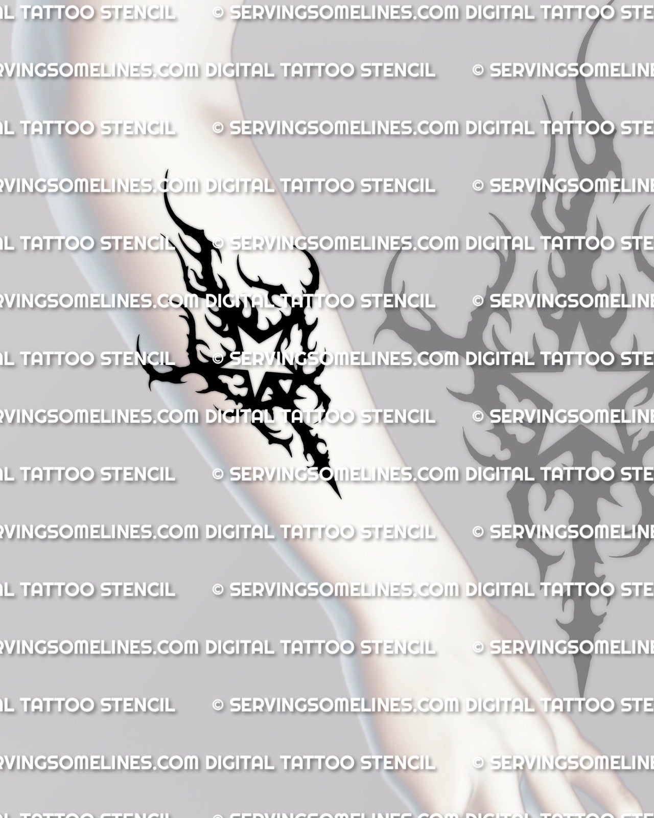 Neotribal star tattoo stencil shown on forearm placement, heavy black star cutout with hooked tips, star tattoo stencil preview 