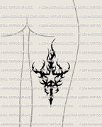 Neotribal star tattoo stencil displayed on outer thigh placement, bold black star cutout with hooked tips, tribal star stencil 