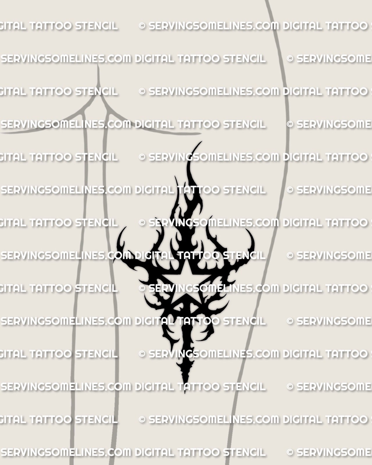 Neotribal star tattoo stencil displayed on outer thigh placement, bold black star cutout with hooked tips, tribal star stencil 