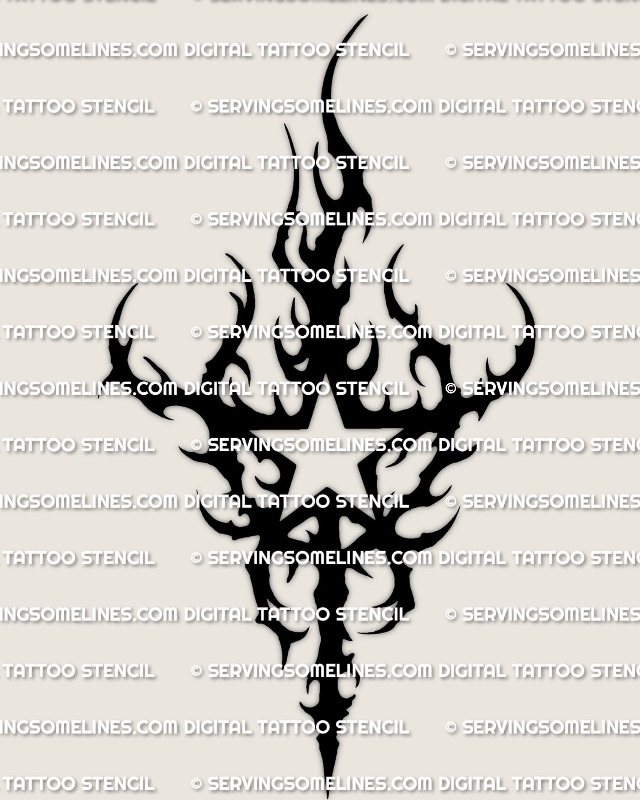 Neotribal star tattoo stencil design image, single black star cutout built from neotribal fields, tribal star stencil download