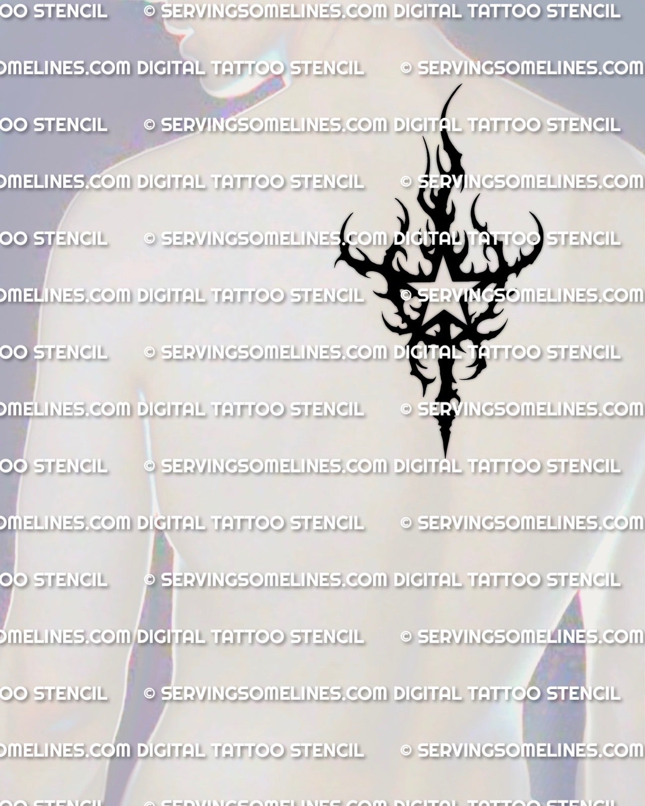 Neotribal star tattoo stencil displayed on upper back center placement, solid black tribal star tattoo with sharp cutouts