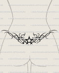 Neotribal star tramp stamp tattoo design with gothic Y2K cybersigilism flow, shown on feminine lower back placement for style and symmetry.