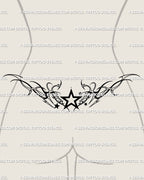 Neotribal star tramp stamp tattoo design with gothic Y2K cybersigilism flow, shown on feminine lower back placement for style and symmetry.