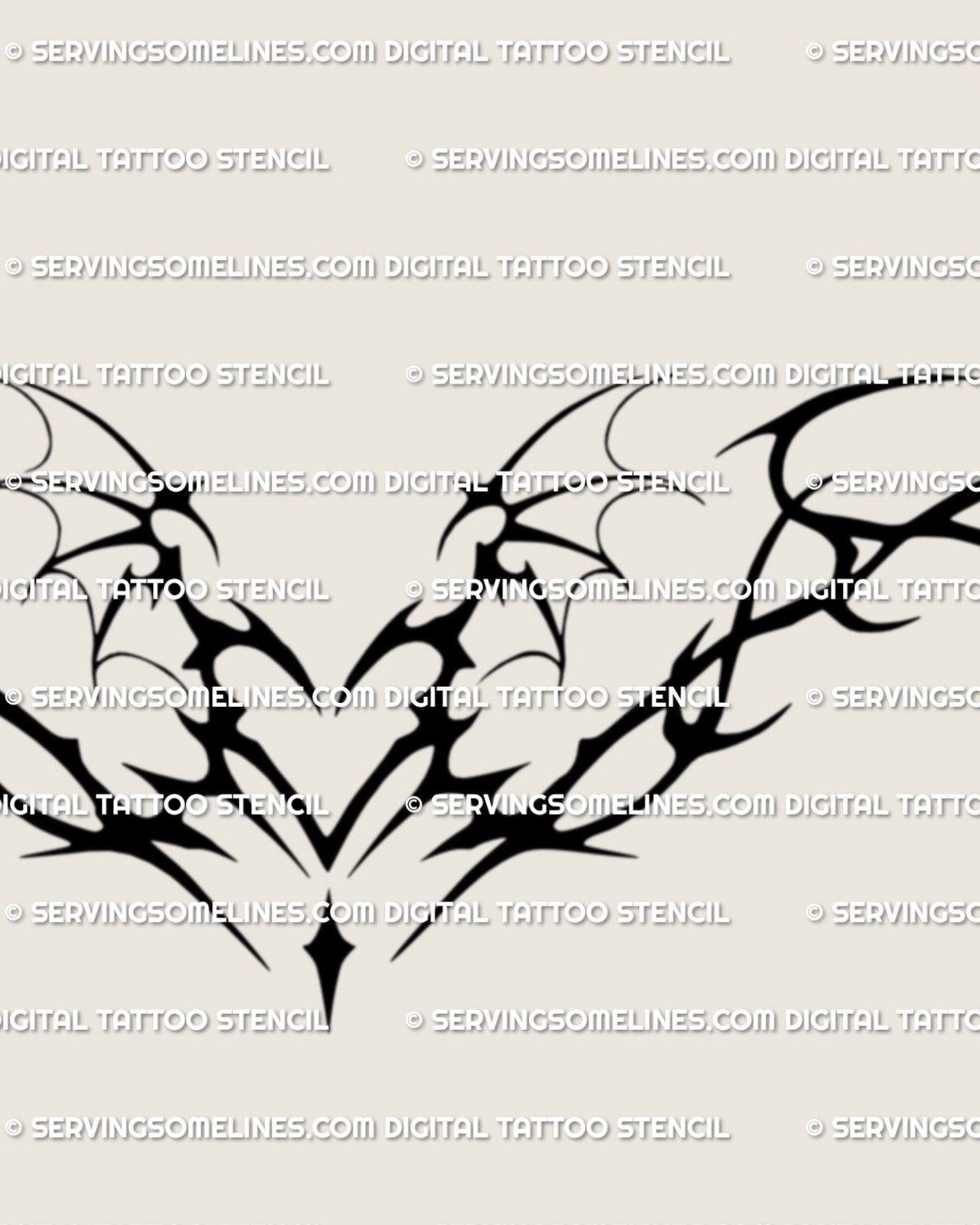 close view of neotribal succubus chestpiece tattoo stencil with black heart center and sharp wing curves built for chest placement