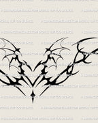 neotribal succubus heart with bat like wings tattoo stencil displayed as a solid blackwork design for lower back or thigh placements