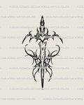 Neotribal sword with butterfly wings and heart core, digital tattoo design blending tribal, fairy, and warrior symbolism in sleek black linework.