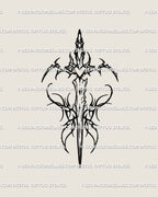 Neotribal sword with butterfly wings and heart core, digital tattoo design blending tribal, fairy, and warrior symbolism in sleek black linework.