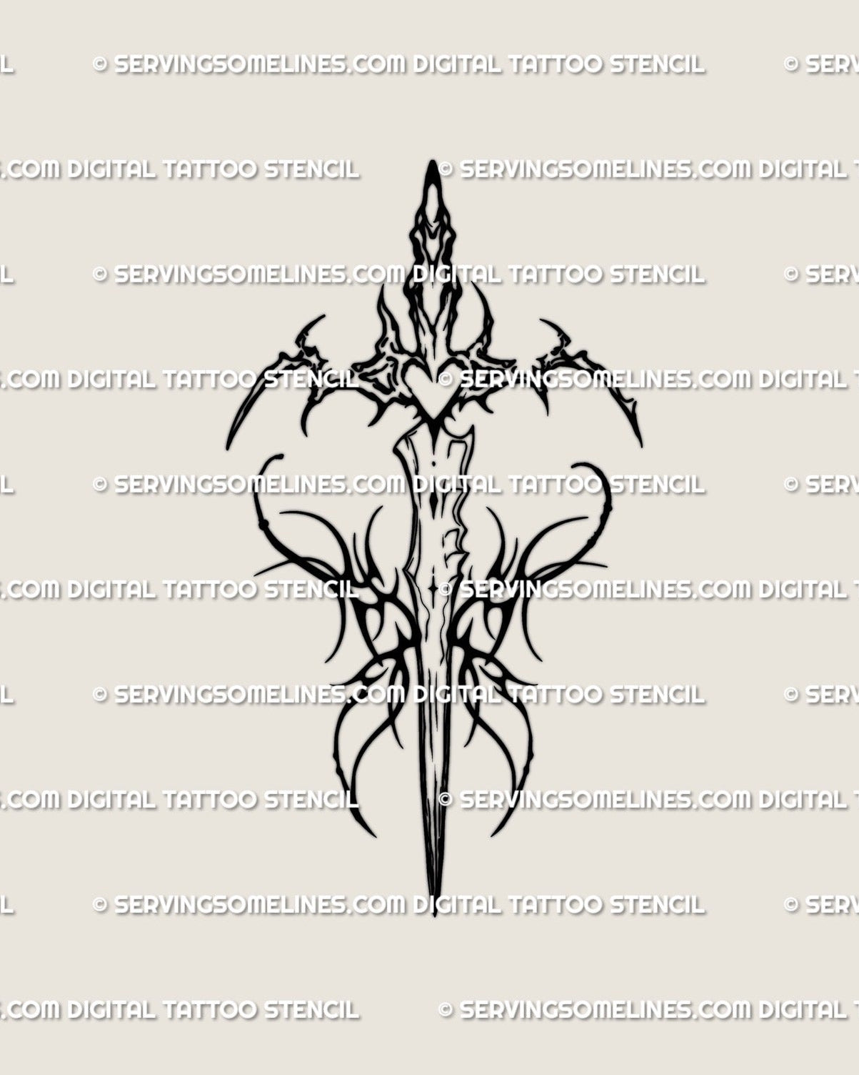 Neotribal sword with butterfly wings and heart core, digital tattoo design blending tribal, fairy, and warrior symbolism in sleek black linework.