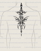 Neotribal sword tattoo running down a man’s spine, long cyber inspired blade with winged details for bold back tattoo concepts