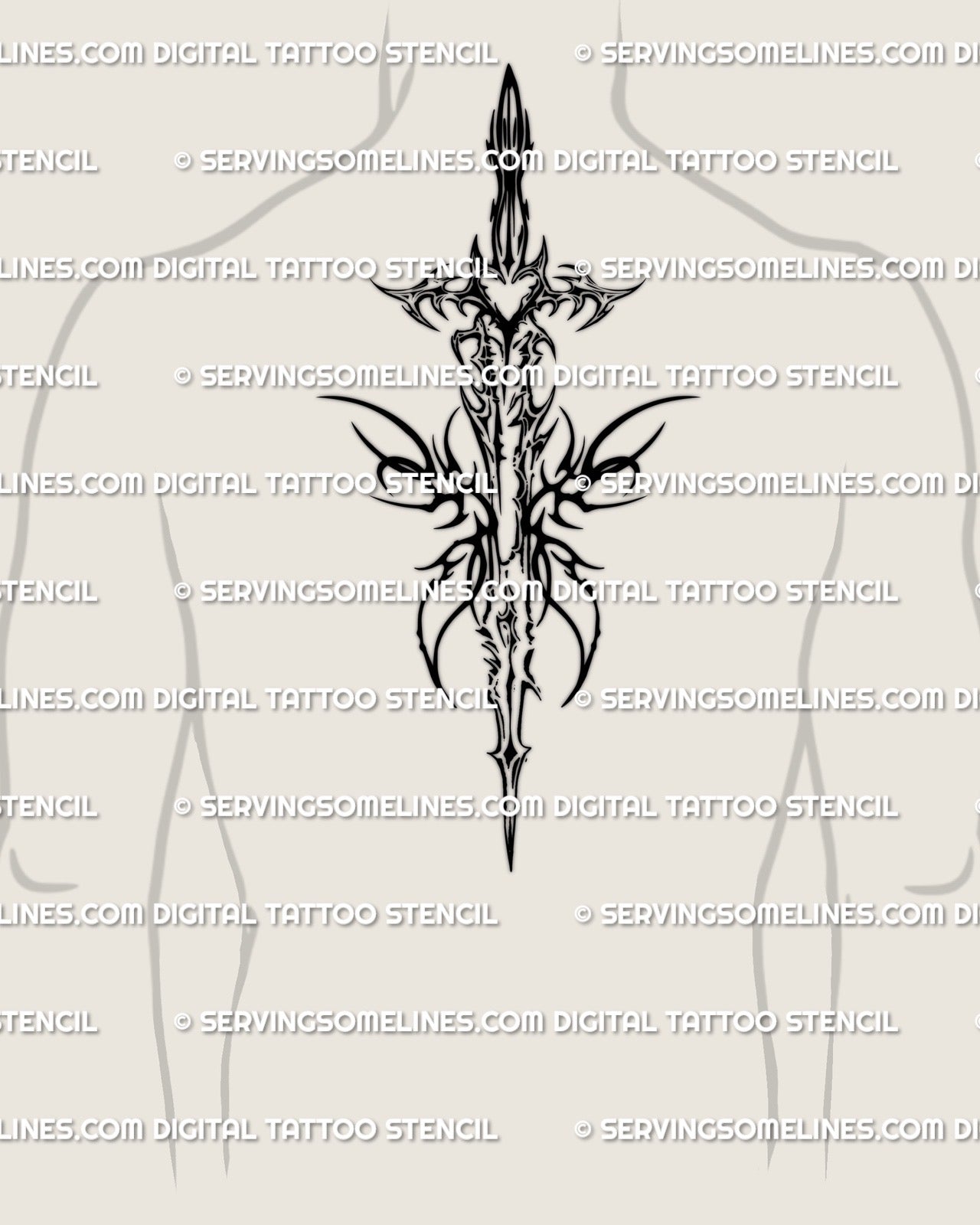 Neotribal sword tattoo running down a man’s spine, long cyber inspired blade with winged details for bold back tattoo concepts