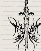 Close view of neotribal sword tattoo stencil, spiked wing panels and blackwork lines for crisp transfer.
