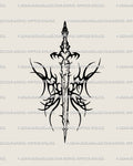 Neotribal sword tattoo stencil design with spiked wing panels, blackwork linework, clean printable file.