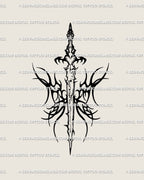 Neotribal sword tattoo stencil design with spiked wing panels, blackwork linework, clean printable file.