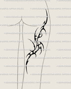 Female thigh tattoo idea in neotribal cyber tribal style, bold organic cybersigilism design with gothic Y2K edge. Digital stencil download for large tattoos.