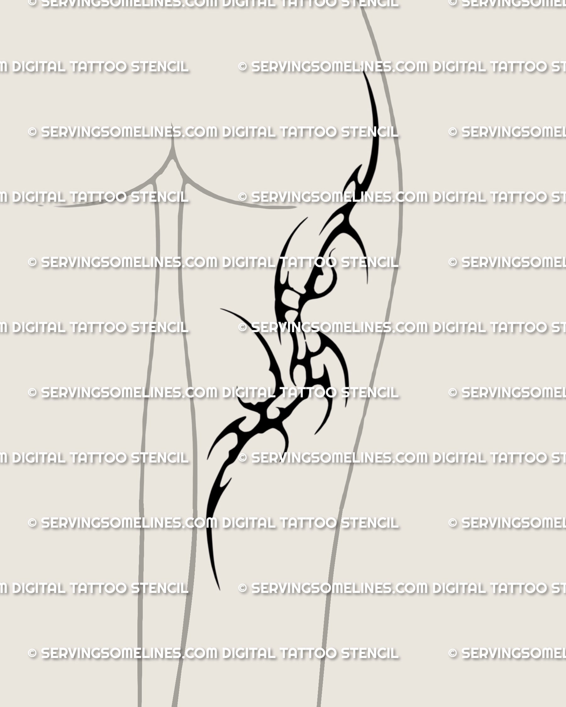 Female thigh tattoo idea in neotribal cyber tribal style, bold organic cybersigilism design with gothic Y2K edge. Digital stencil download for large tattoos.