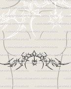 feminine cyber tribal underbust tattoo stencil with soft curves and neotribal chest framing details shown on model