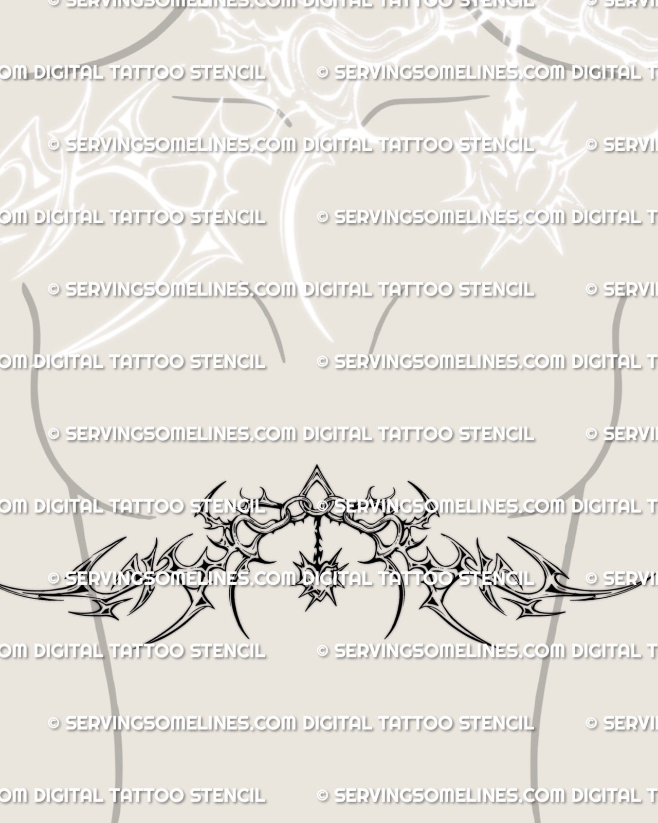 feminine cyber tribal underbust tattoo stencil with soft curves and neotribal chest framing details shown on model