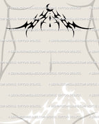 Moon sternum tattoo stencil placed lower on the torso, showing neotribal curves and cyber lines aligned to rib contour.