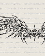 Close detail of neotribal wing tattoo stencil with pointed linework, abstract wing shapes, and clean lower back design