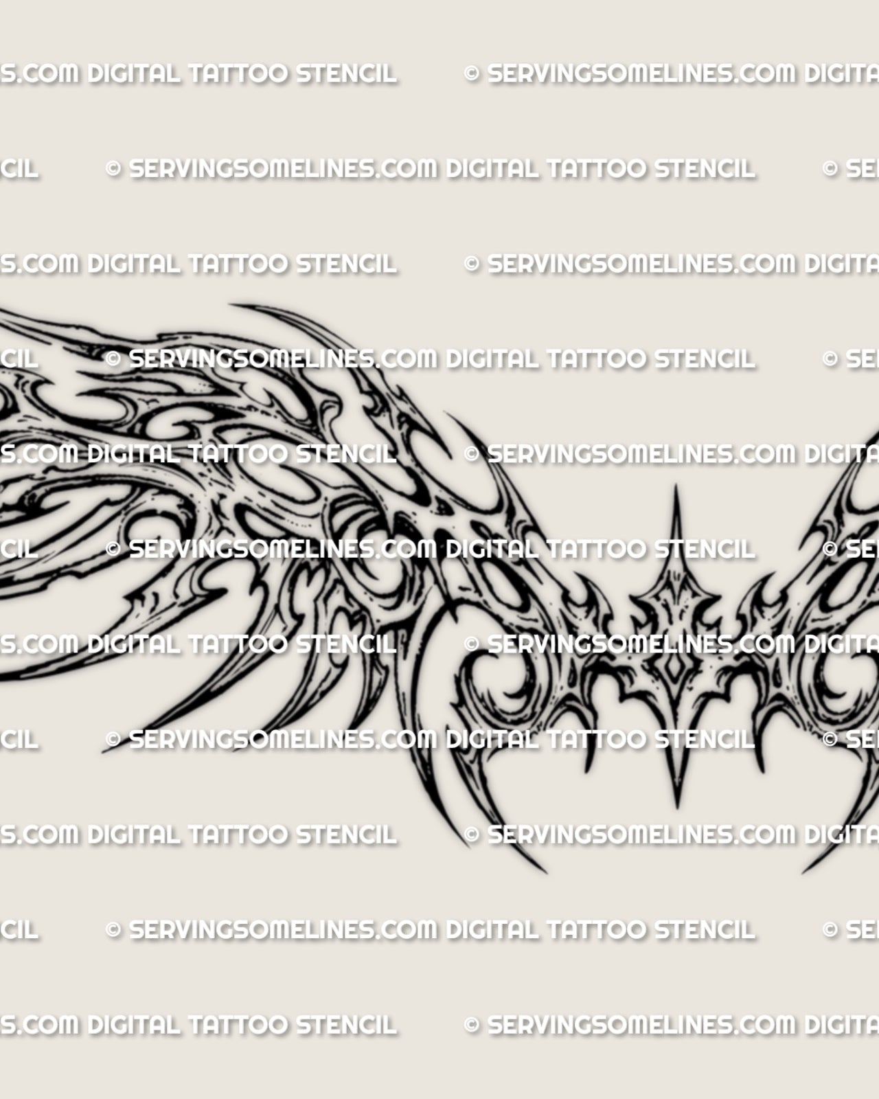 Close detail of neotribal wing tattoo stencil with pointed linework, abstract wing shapes, and clean lower back design
