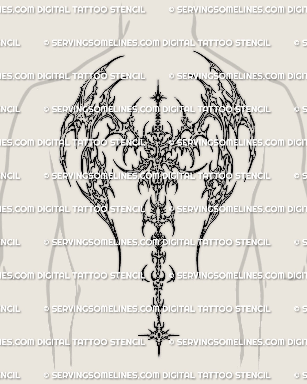 Cybersigilism Winged Spine Tattoo Stencil, Dark Winged Back Design ...